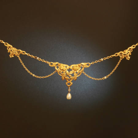 Antique jewelry bow chain with rose branch motives pearls and rose cut diamond